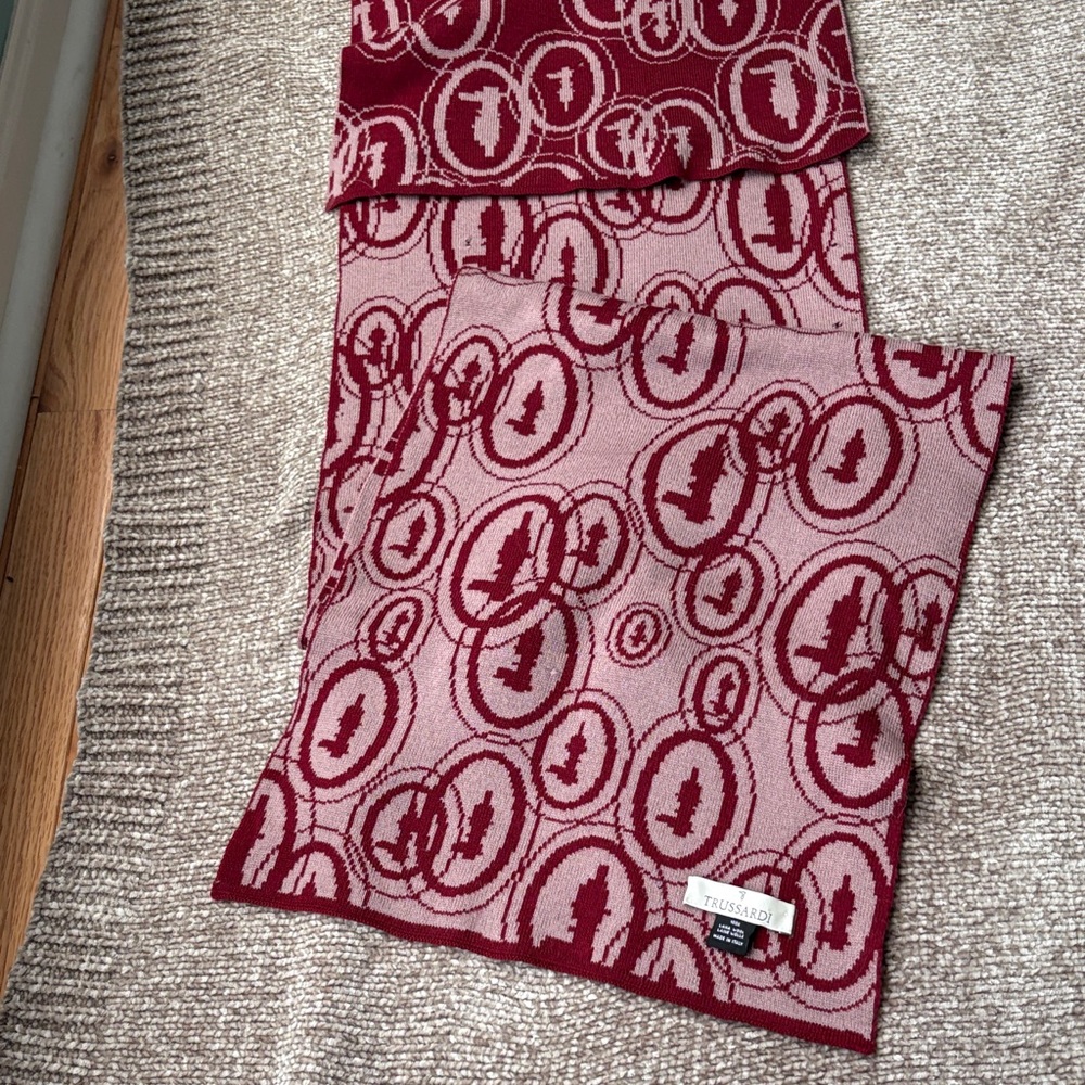 Dark red and taupe pattern wool scarf. 60 x12 inches.